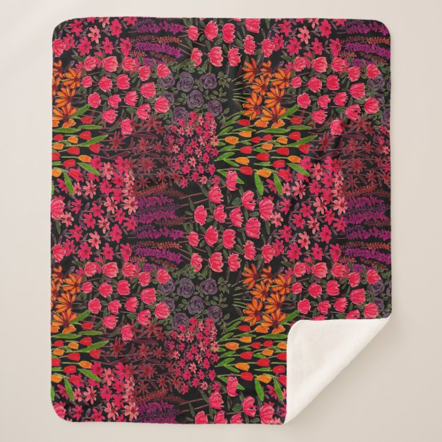 Artistic Wildflowers: Hand-Drawn Floral Pattern Sherpa Blanket (Front)