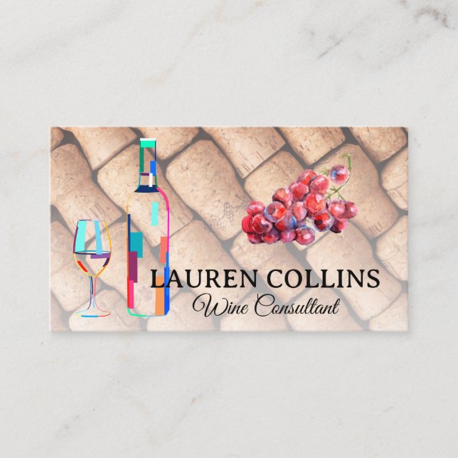 Artistic Wine Bottle Glass | Grapes | Corks Business Card (Front)