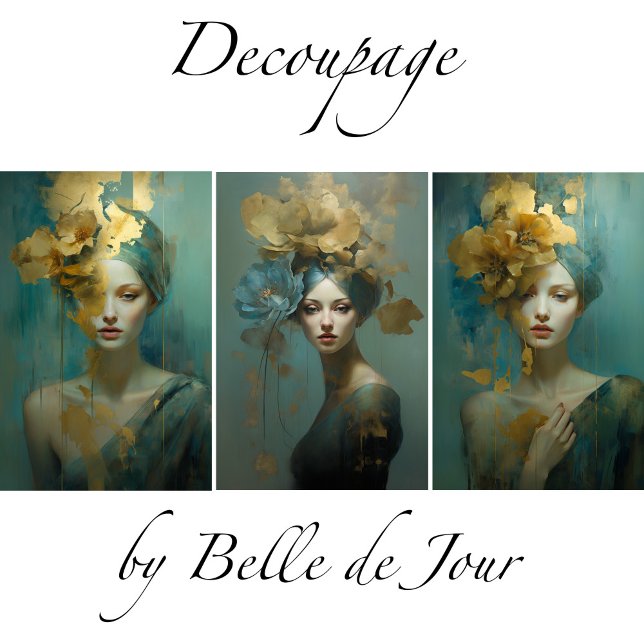 Artistic women's portraits, gold accents, flowers wrapping paper sheet (Creator Uploaded)