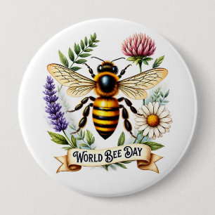 Artistic World Bee Day Illustration with Honeybee  10 Cm Round Badge