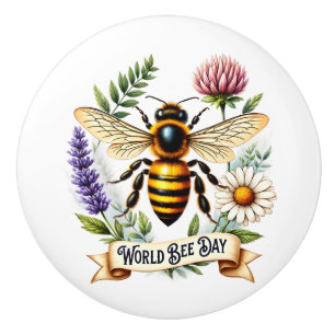 Artistic World Bee Day Illustration with Honeybee Ceramic Knob