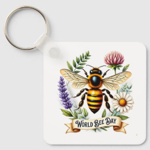 Artistic World Bee Day Illustration with Honeybee Key Ring