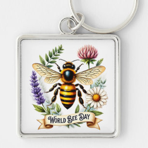 Artistic World Bee Day Illustration with Honeybee Key Ring