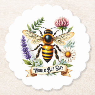 Artistic World Bee Day Illustration with Honeybee  Paper Coaster