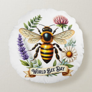 Artistic World Bee Day Illustration with Honeybee  Round Cushion