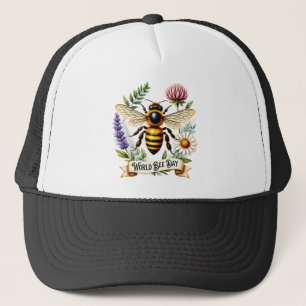 Artistic World Bee Day Illustration with Honeybee Trucker Hat