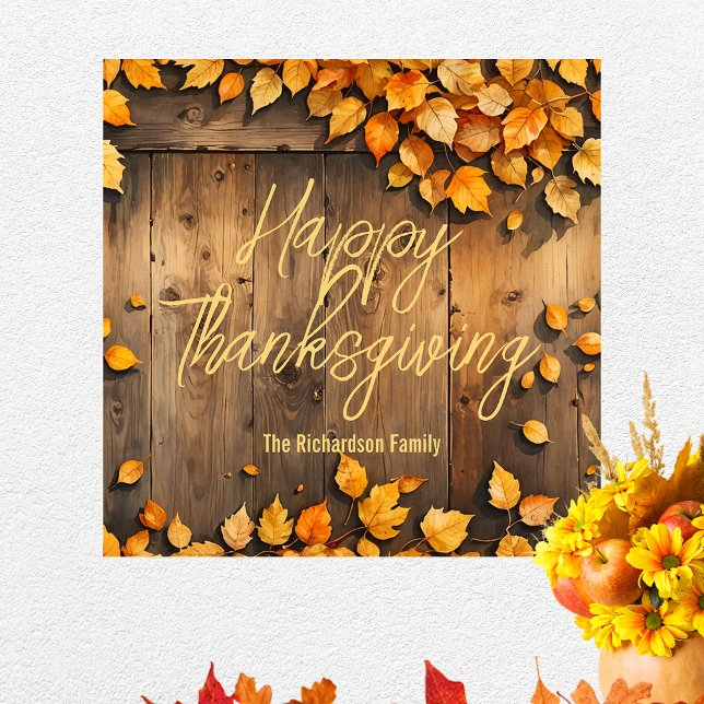 Artistic Yellow Fall Leaves on Wood Thanksgiving Poster (Creator Uploaded)