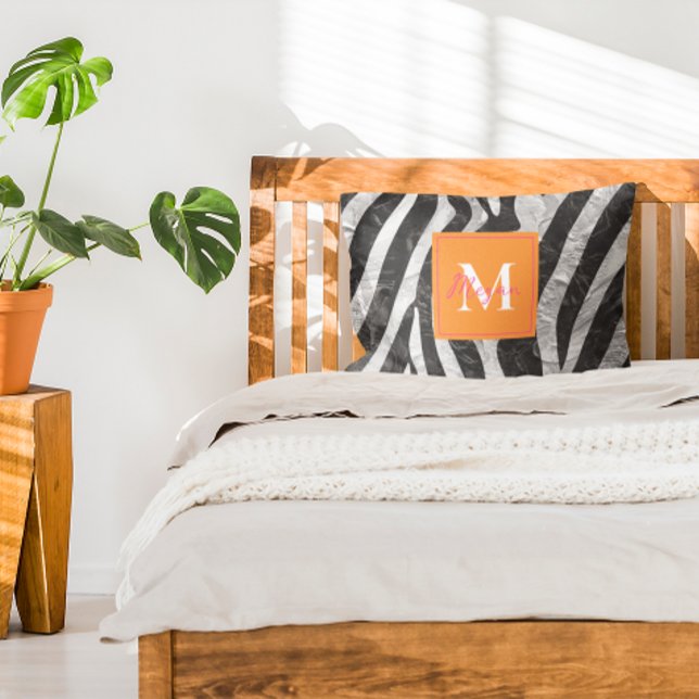 Artistic Zebra Stripes Orange & Hot Pink Monogram Decorative Cushion (Creator Uploaded)