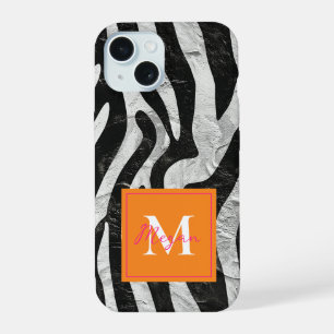 Artistic Zebra Stripes Orange & Hot Pink Monogram iPhone 15 Case
