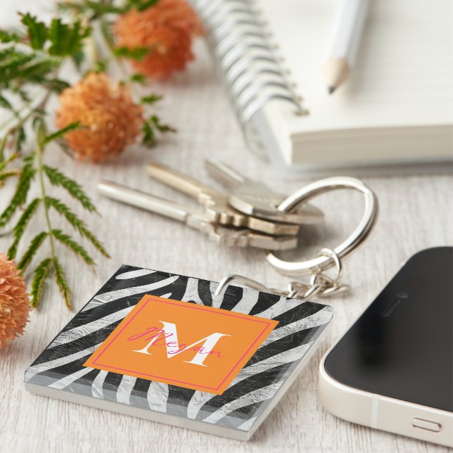 Artistic Zebra Stripes Orange & Hot Pink Monogram Key Ring (Front Right)