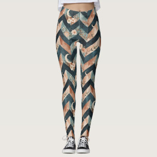 Artistic Zigzag Floral with Lunar Symbols Leggings