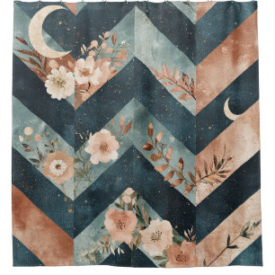 Artistic Zigzag Floral with Lunar Symbols Shower Curtain