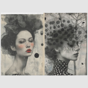 Artists Mixed Media Black White Cream Large Faces  Tissue Paper