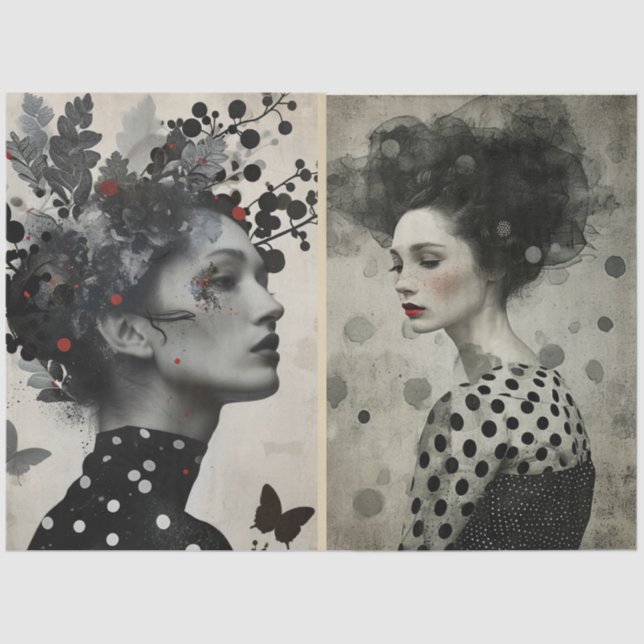 Artists Mixed Media Black White Cream Large Faces Tissue Paper (Front)