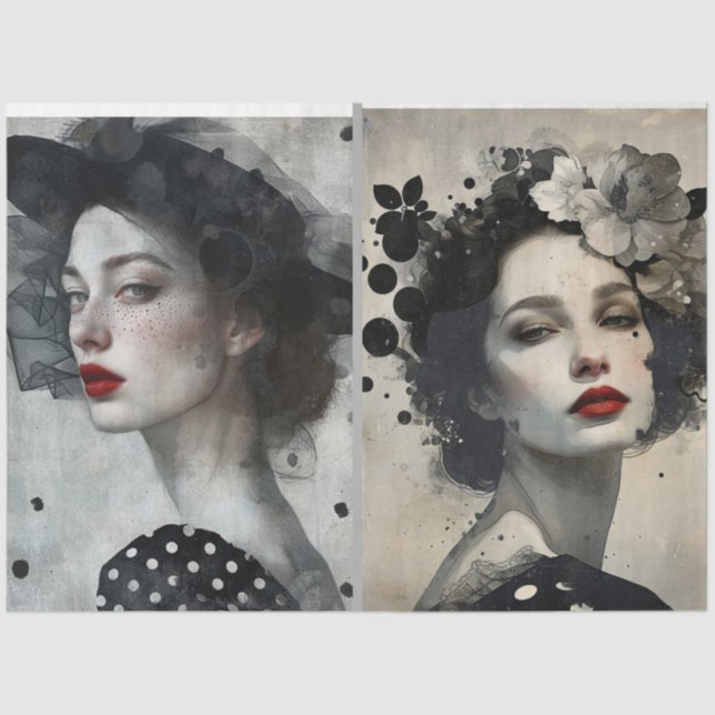 Artists Mixed Media Black White Large Faces Tissue Paper (Front)