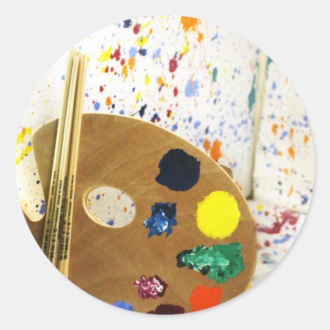 Artists Paint Splatter And Palette of Paint Classic Round Sticker (Front)