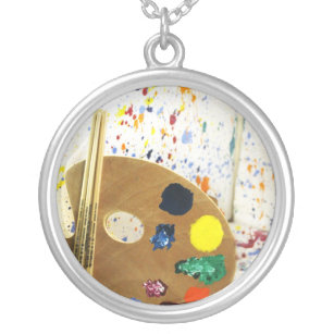 Artists Paint Splatter And Palette of Paint Silver Plated Necklace