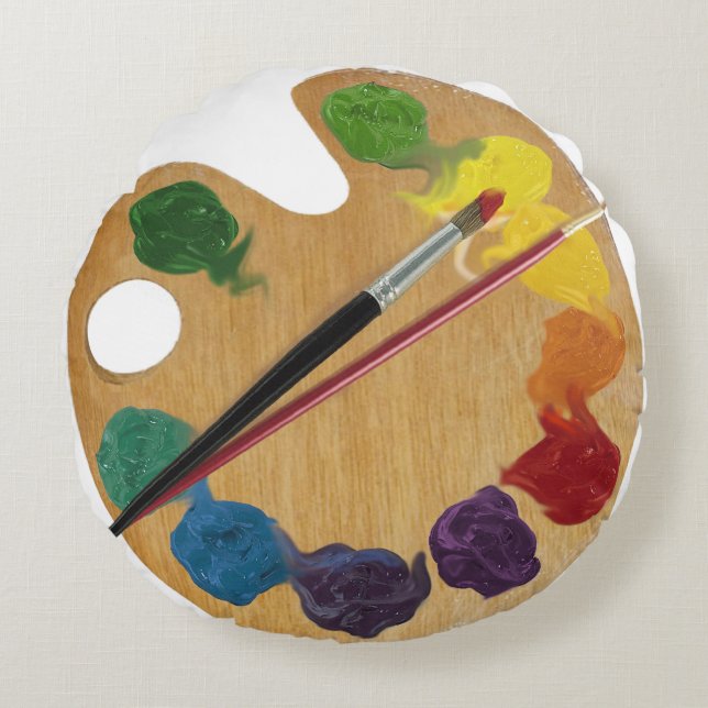 Artist's palette rainbow colour wheel round cushion (Front)