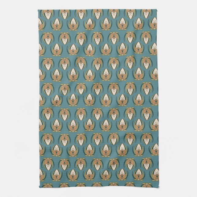 Arts and Crafts Blossoms_Dark Aquamarine Tea Towel (Vertical)