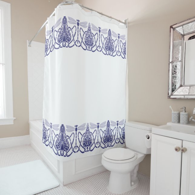 Arts And Crafts Blue & White Dragonflies Frieze Shower Curtain (In Situ)
