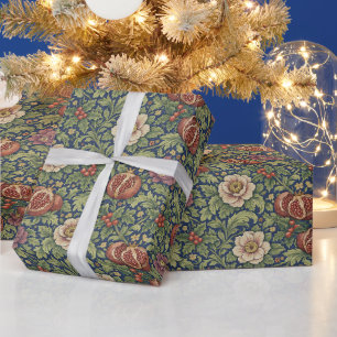 Arts and Crafts Navy Blue Pomegranate Floral Wrapping Paper