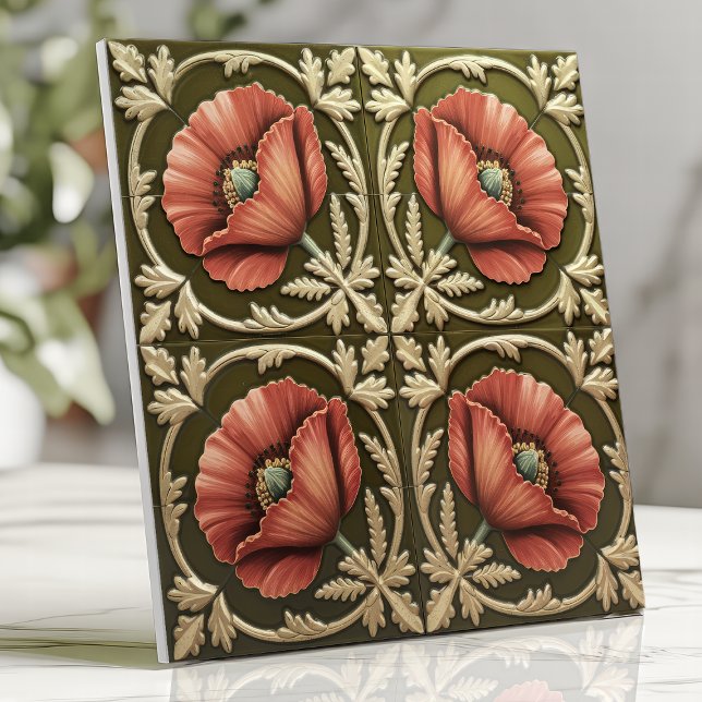 Arts and Crafts Red Poppy and Olive Green  Ceramic Tile (Creator Uploaded)