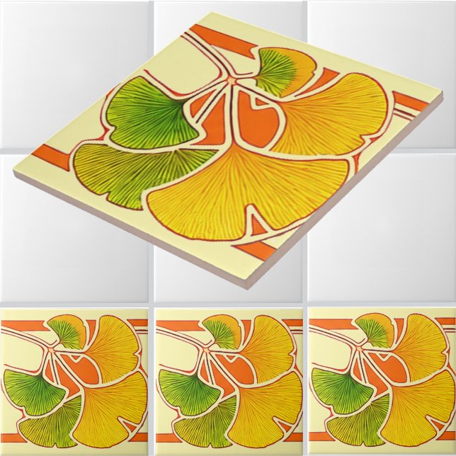 Arts And Crafts Style Ginkgo Biloba Leaves Border Ceramic Tile (Creator Uploaded)