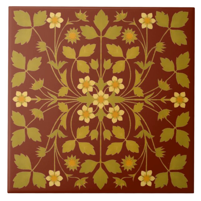 Arts And Crafts Style Strawberry Blossoms Pattern Ceramic Tile (Front)