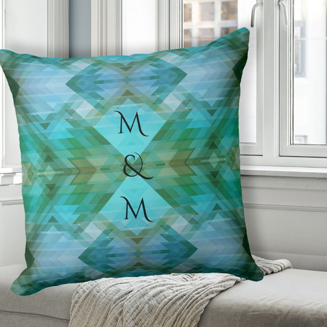 Arts Crafts Geometric Pattern Mint Pillow (Pillow featuring a geometric Aztec inspired pattern in mint, teal, turquoise with monogram)