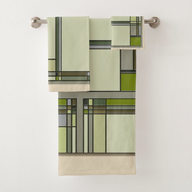 Arts & Crafts Geometric Patterns in Muted Greens Bath Towel Set (Insitu)