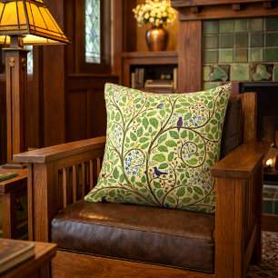 Arts & Crafts Style Birds In Flowering Tree Cushion