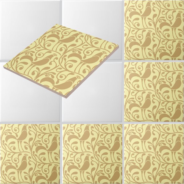 Arts & Crafts Style Roosters In Foliage Pattern Ceramic Tile (Creator Uploaded)