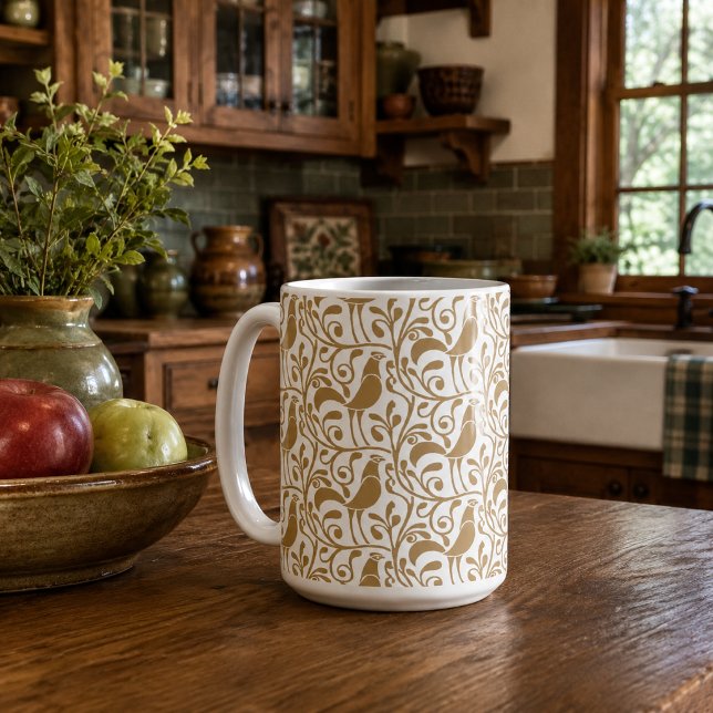 Arts & Crafts Style Roosters In Foliage Pattern Coffee Mug (Creator Uploaded)