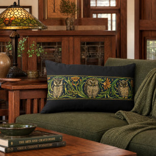 Arts & Crafts Style Three Owls Frieze Lumbar Cushion