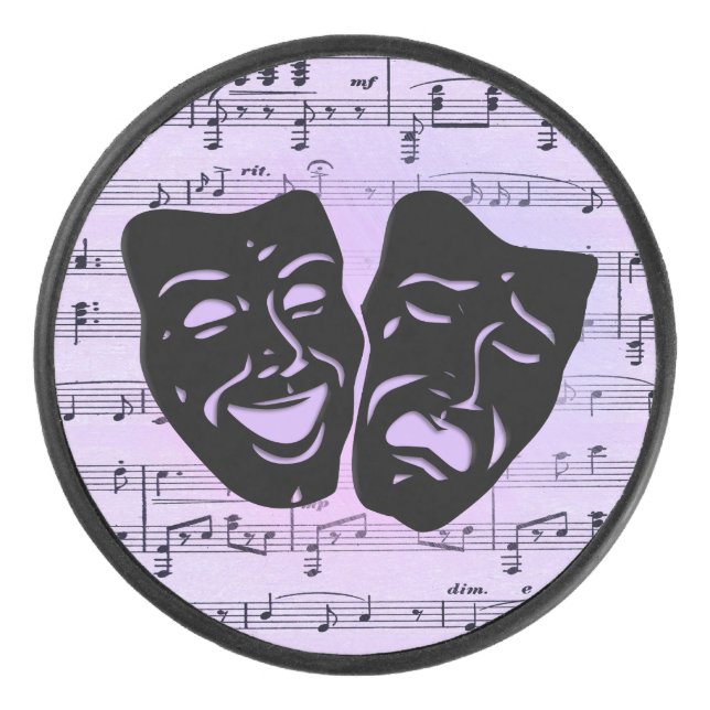 Arts Unite Purple Music and Theatre Masks Hockey Puck (Front)