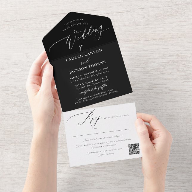 ArtsApp Elegant Calligraphy Black White Wedding All In One Invitation (Tearaway)