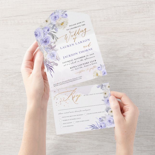 ArtsApp Elegant Dusty Purple Roses Gold Dust All In One Invitation (Tearaway)