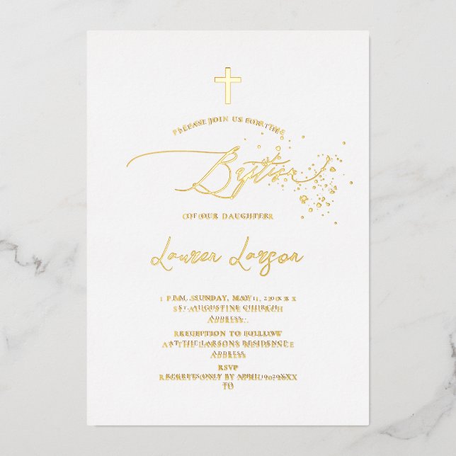 ArtsApp Elegant Faux Gold Calligraphy Baptism Foil Holiday Card (Front)