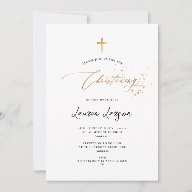 ArtsApp Elegant Faux Gold Calligraphy Christening Invitation (Front)