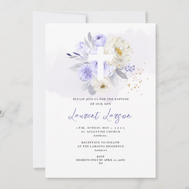 ArtsApp Elegant H2 Dusty Purple Roses Baptism Invitation (Front)