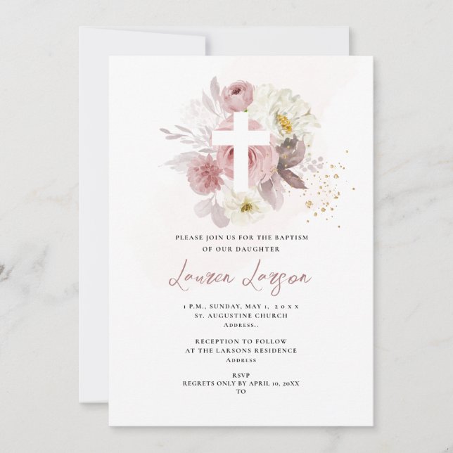 ArtsApp Elegant H2 Dusty Rose Roses Baptism Invitation (Front)