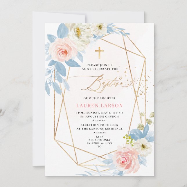 ArtsApp Elegant H2 Pale Pink Roses Baptism Invitation (Front)