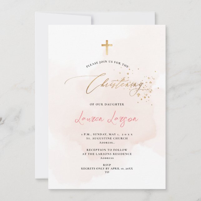 ArtsApp Elegant H2 Washed Pale Pink Christening Invitation (Front)