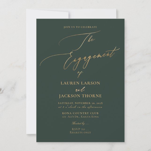 ArtsApp Faux Gold Forest Green Engagement Invitation (Front)