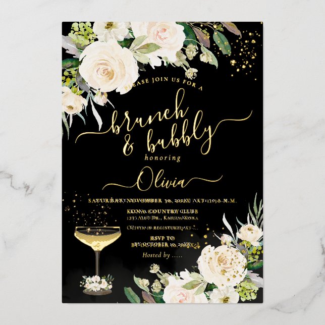 ArtsApp H2 Alabaster Cream Roses Brunch Bubbly Foil Holiday Card (Front)