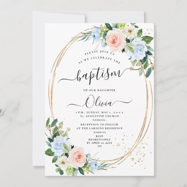 ArtsApp H2 Blush Pink Blue Roses Baptism Invitation (Front)