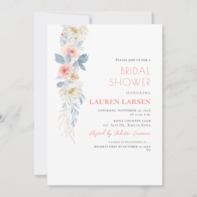 ArtsApp H2 Blush Pink Roses Dusty Blue Foliage Invitation (Front)