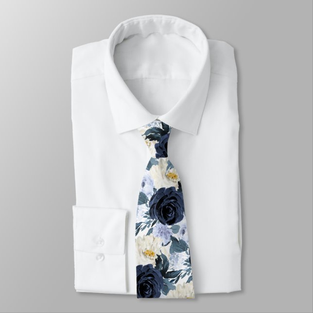 ArtsApp H2 Navy+Dusty Blue Roses Wedding Tie (Tied)