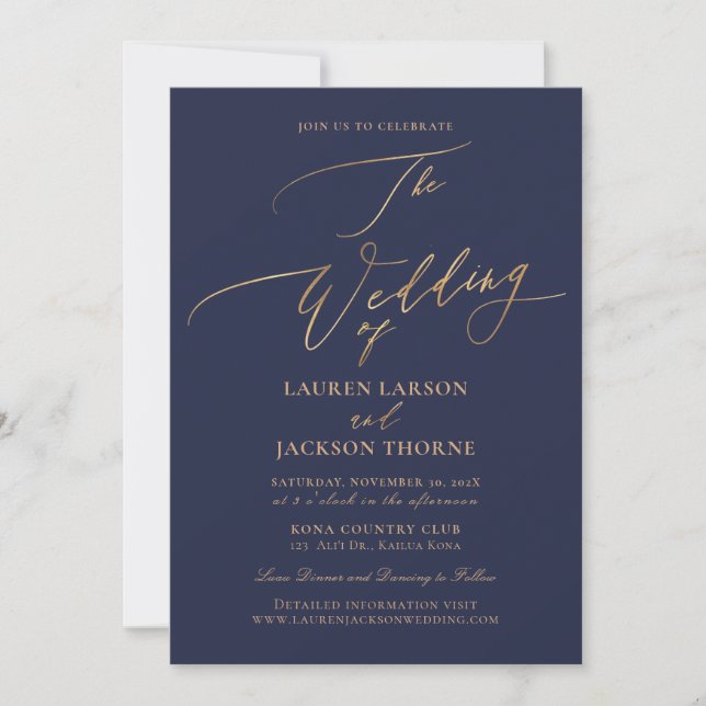 ArtsApp Modern Faux Gold Calligraphy Navy Blue Invitation (Front)
