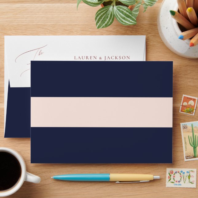 ArtsApp Navy Blue Rose Gold Calligraphy Wedding Envelope (Desk)